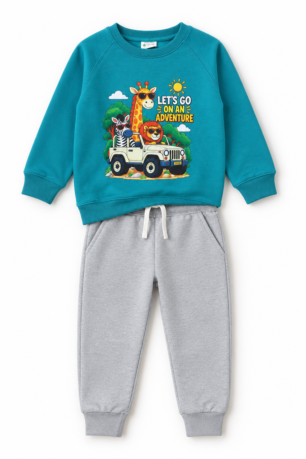 Kids Safari Adventure Fleece Tracksuit | Turquoise & Grey