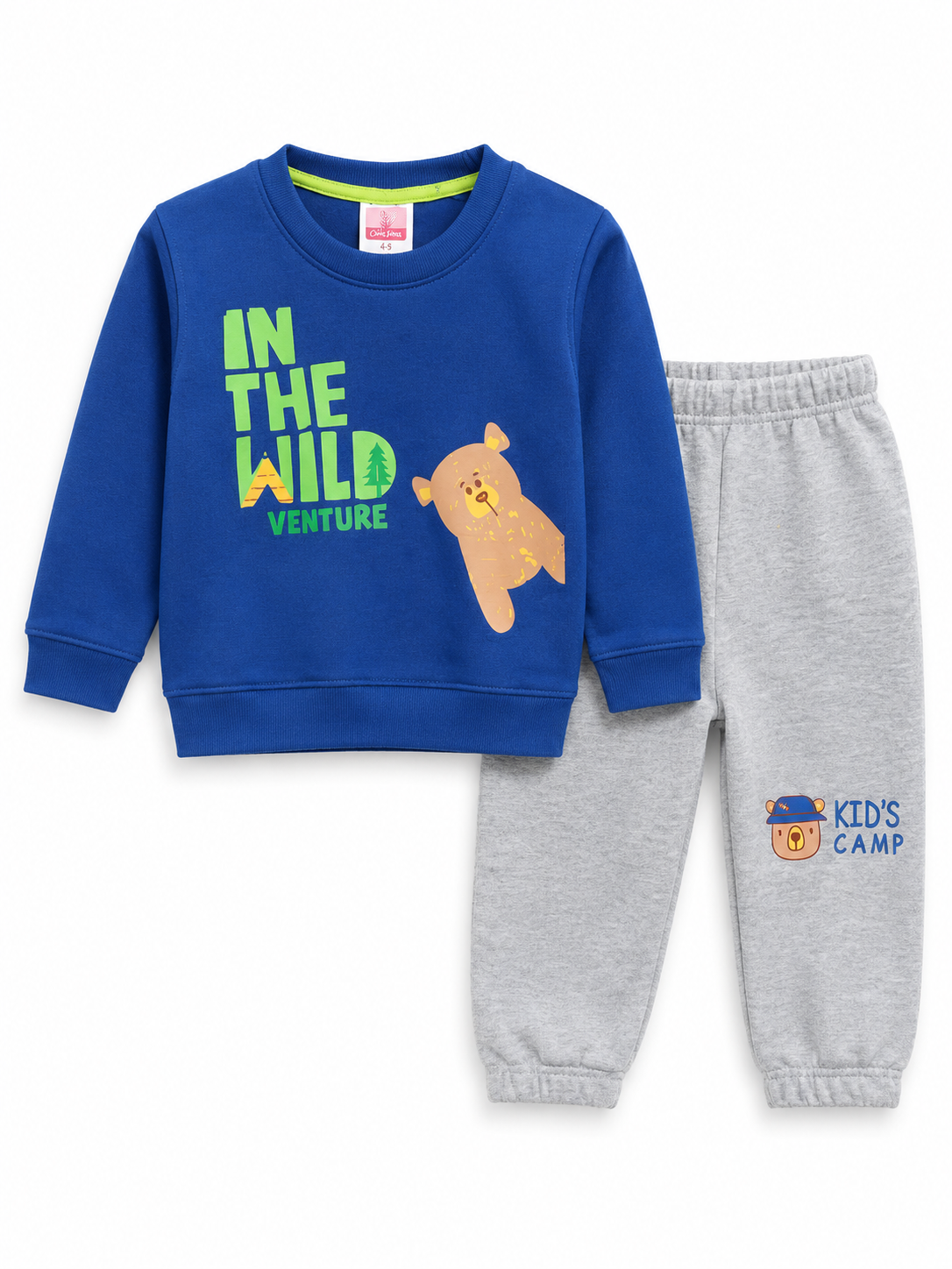 Boys Bear Adventure Print - Fleece Tracksuit | Royal Blue & Grey