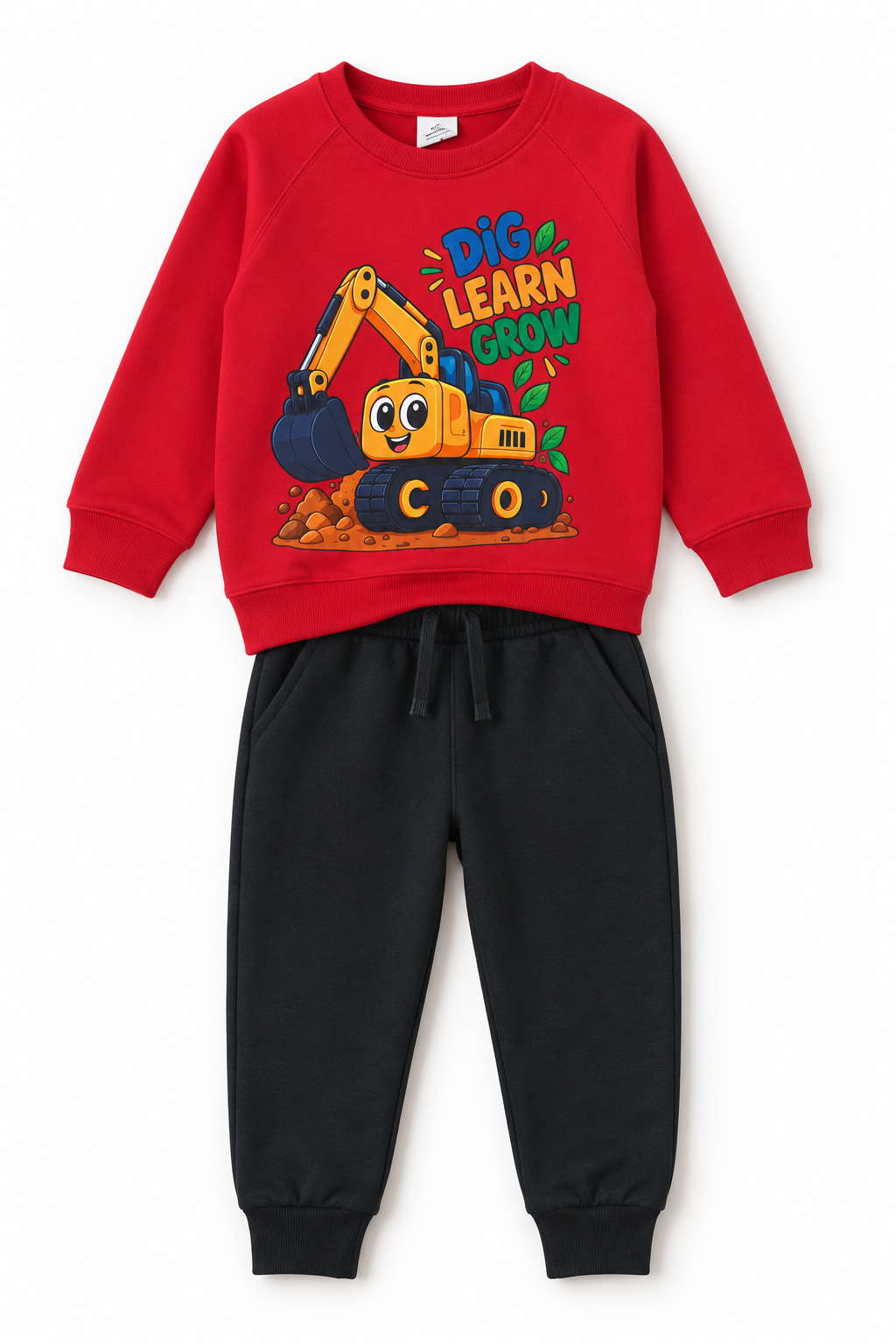 Kids Construction Digger Fleece Tracksuit | Red & Black
