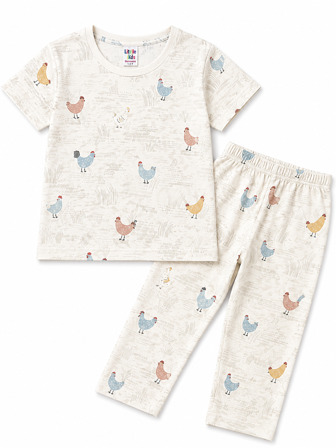 Kids Hen Print Night Suit - Off White