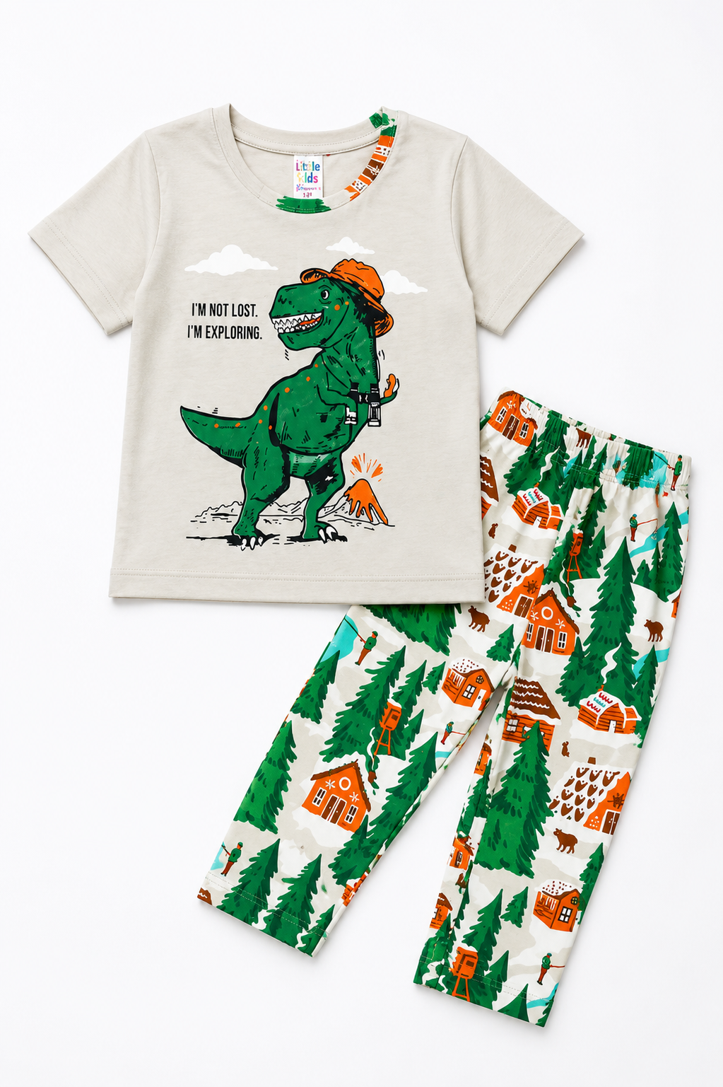 Kids Dino Print Night Suit - Gray & Green