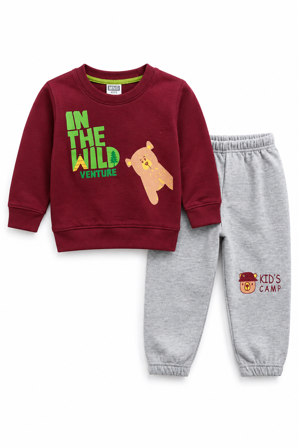 Boys Bear Adventure Print - Fleece Tracksuit | Maroon & Grey
