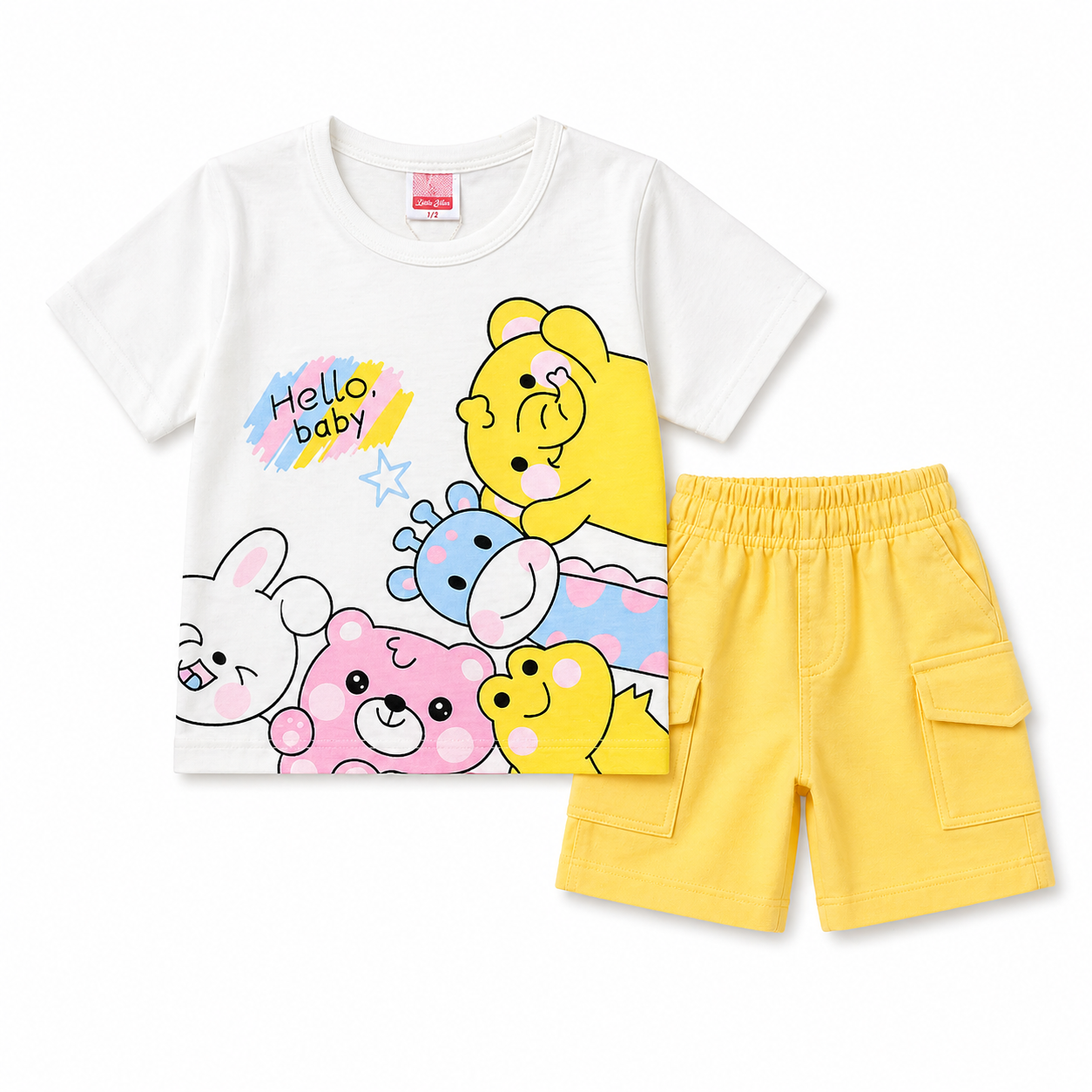 Kids Hello Baby Bear 2Pcs Suit - White & Yellow