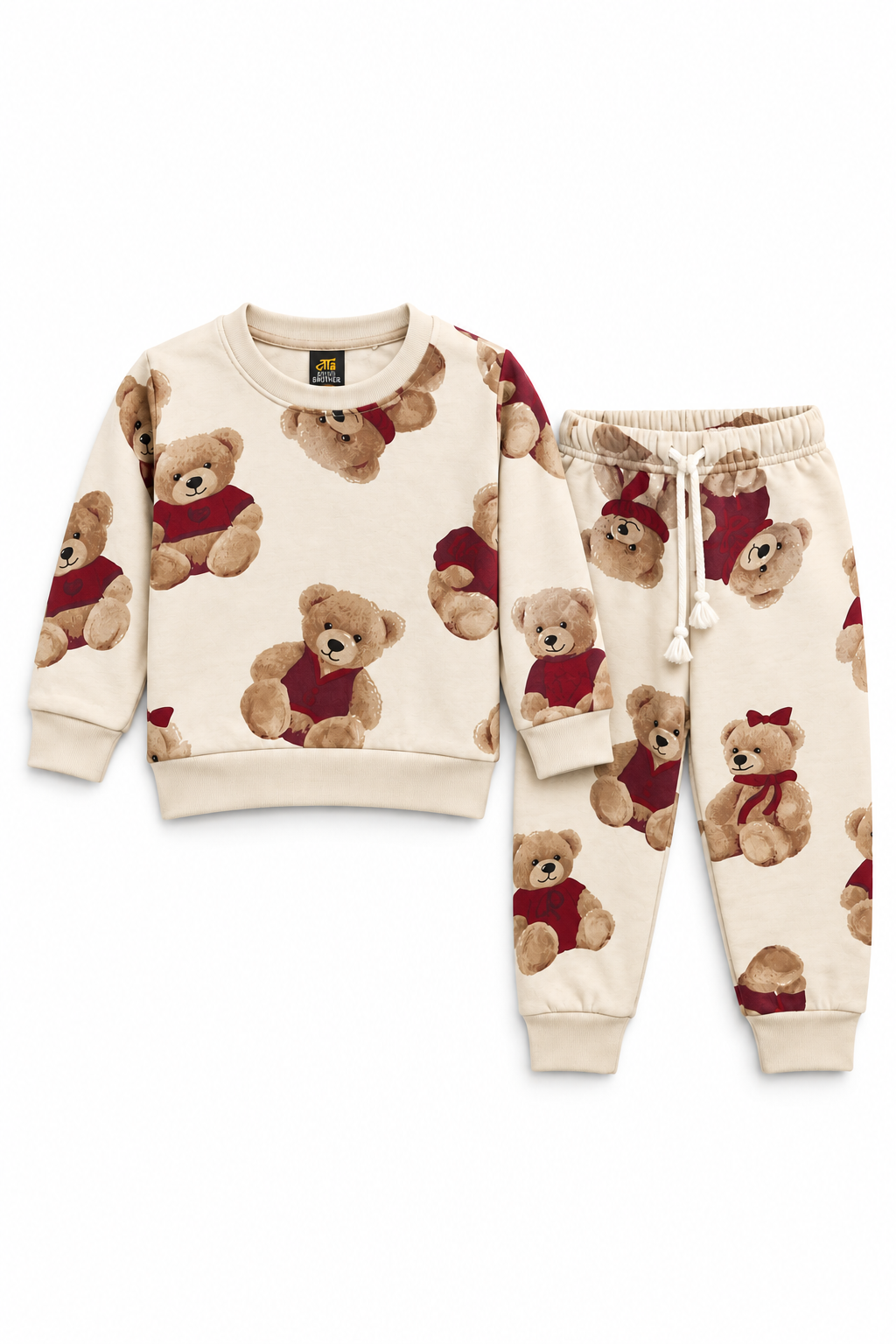 Kids Teddy Bear Print Fleece Tracksuit | Cream
