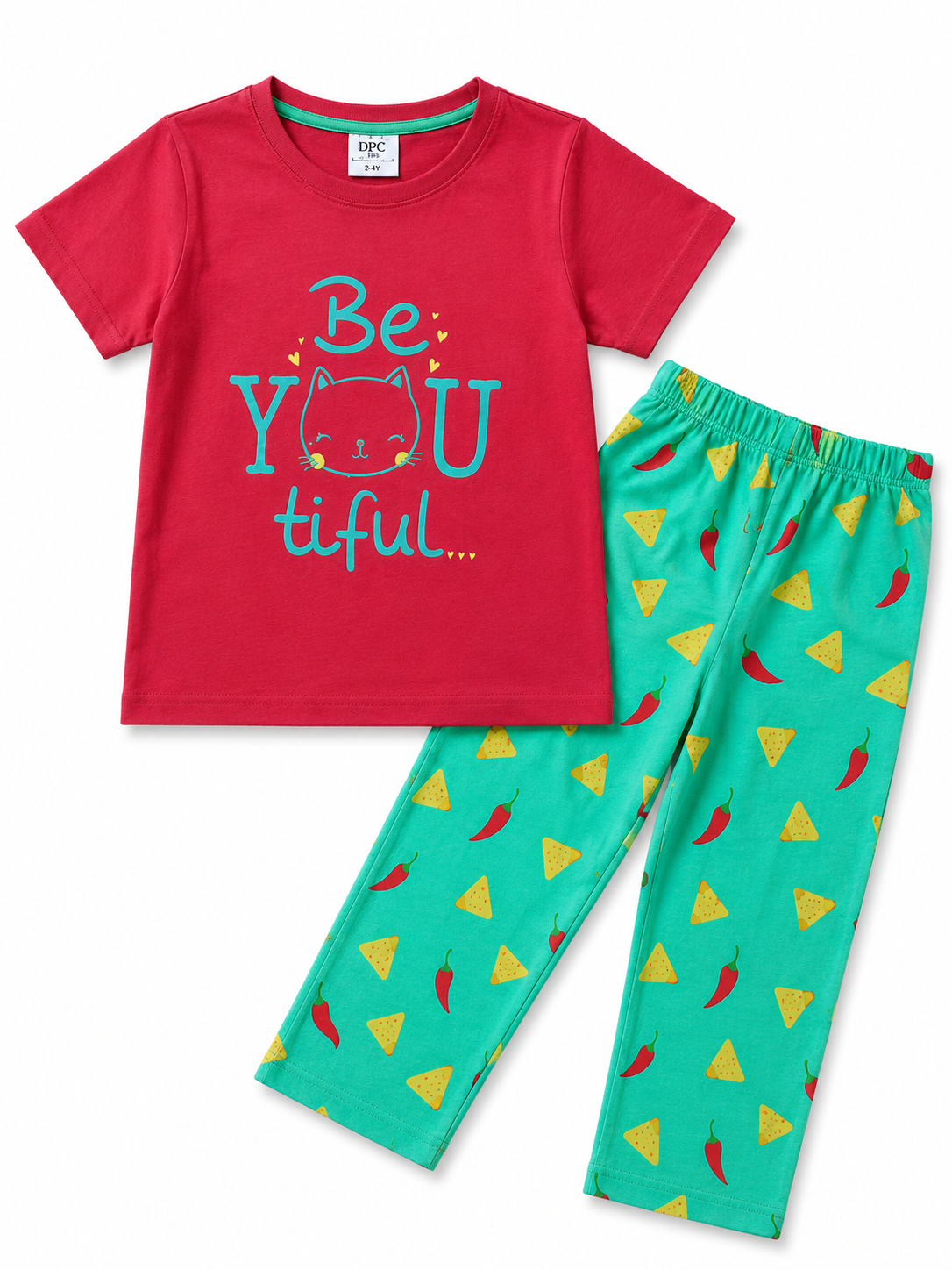 Kids Beautiful Cat Print Night Suit - Red & Green