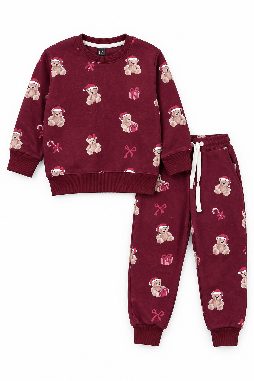 Kids Teddy Bear Christmas Print Fleece Tracksuit | Maroon