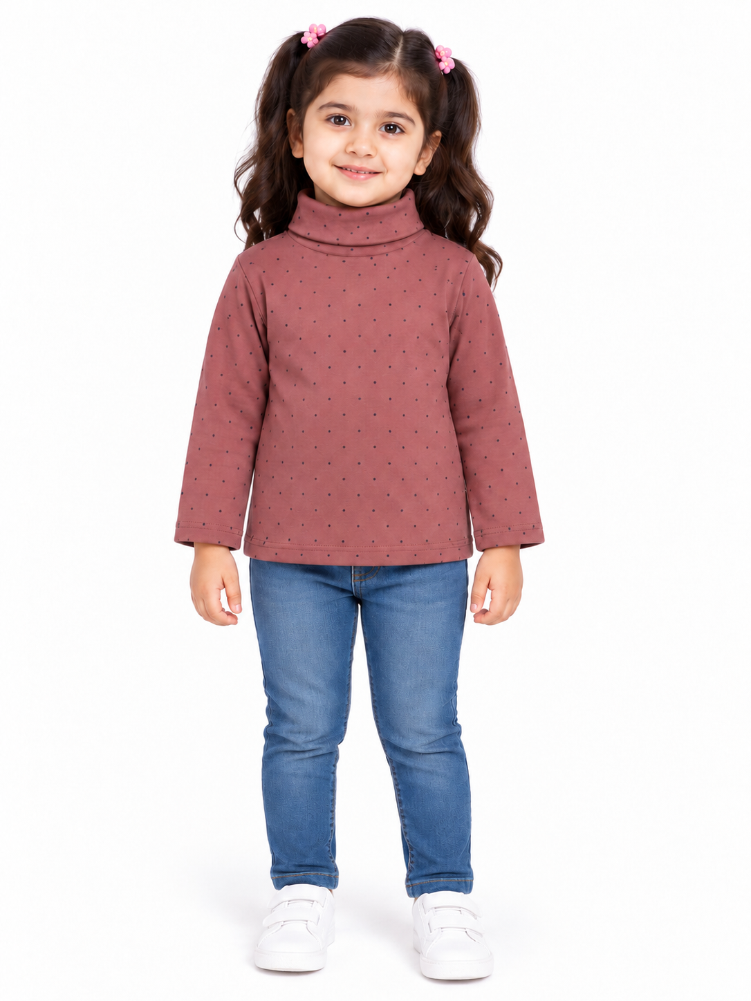 Girls Polka Dot High Neck Winter Top | Dusty Pink
