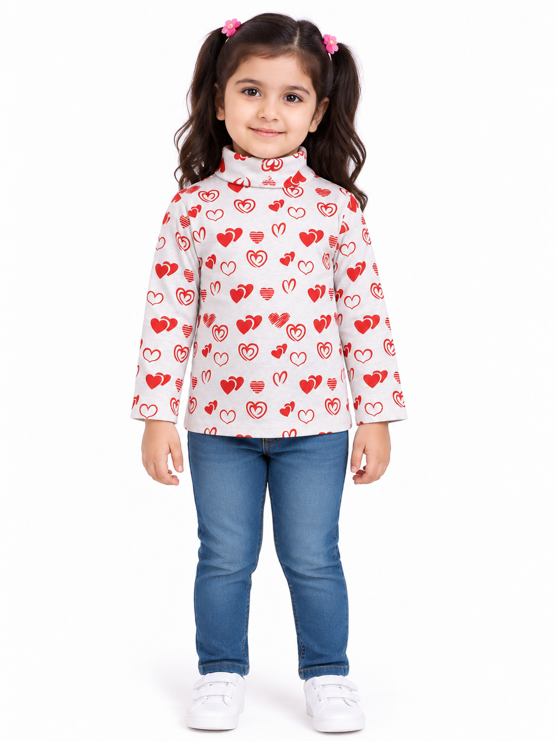 Girls Heart Print High Neck Winter Top | White & Red