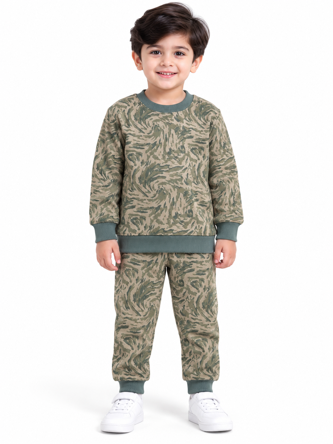 Boys Camouflage Print Winter Tracksuit | Olive Green