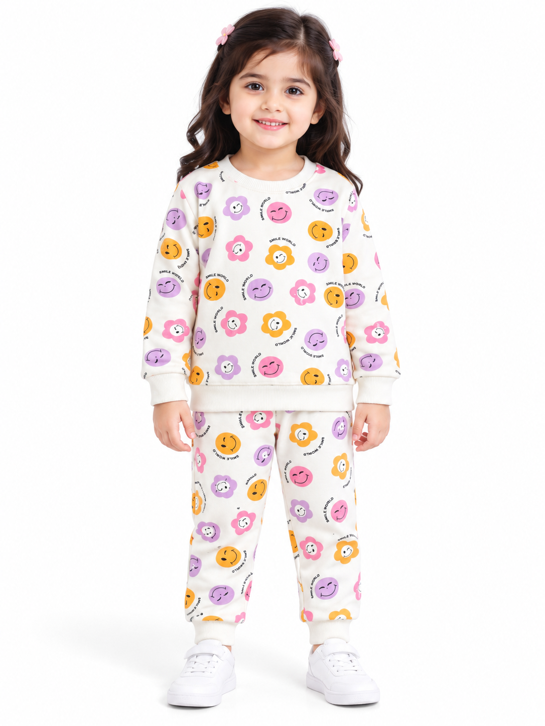 Girls Smiley Flower Print Winter Tracksuit | White