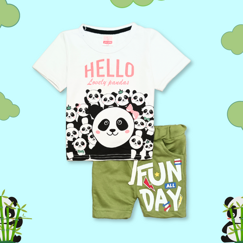 Kids Panda Printed 2 Piece Suit - White & Green