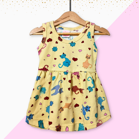 Girls Cat Printed Frock - Yellow