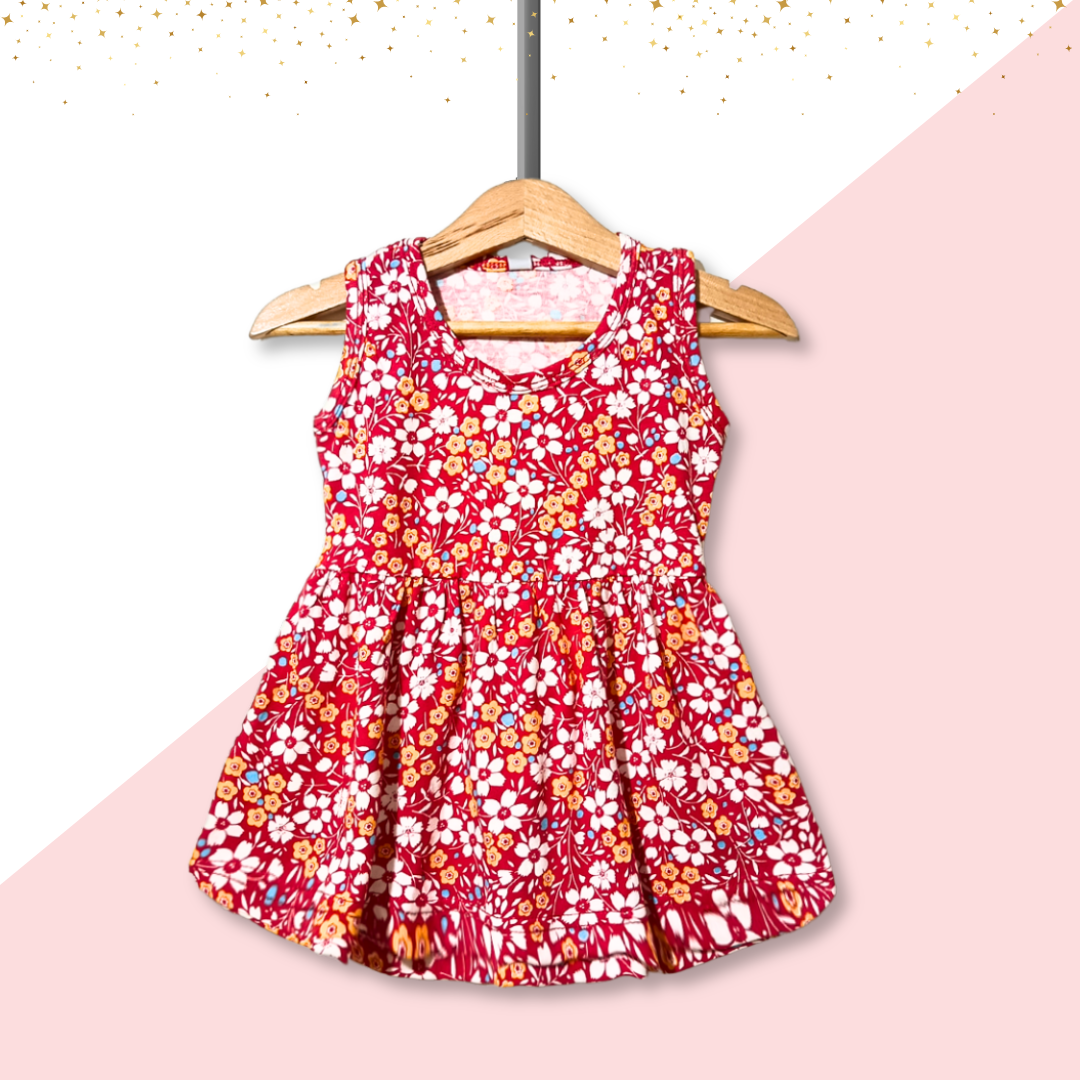 Girls Flower Printed Frock - Red