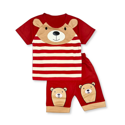 Kids Bear Printed 2 Pcs Suit - Red