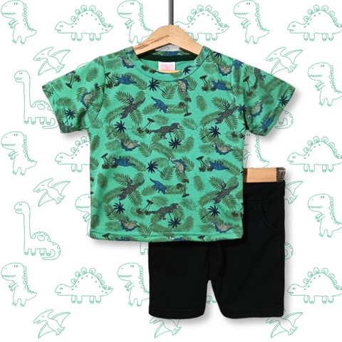 Kids Multi Dino Printed 2 Piece Suit - Green and Black