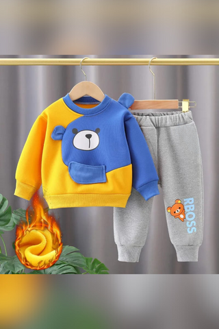 Kids Bear Print Track Suit Fleece - Yellow & Blue