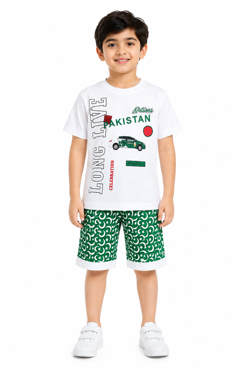 Boys 3-Piece Cotton Suit with Cap – White T-Shirt & Green Printed Shorts