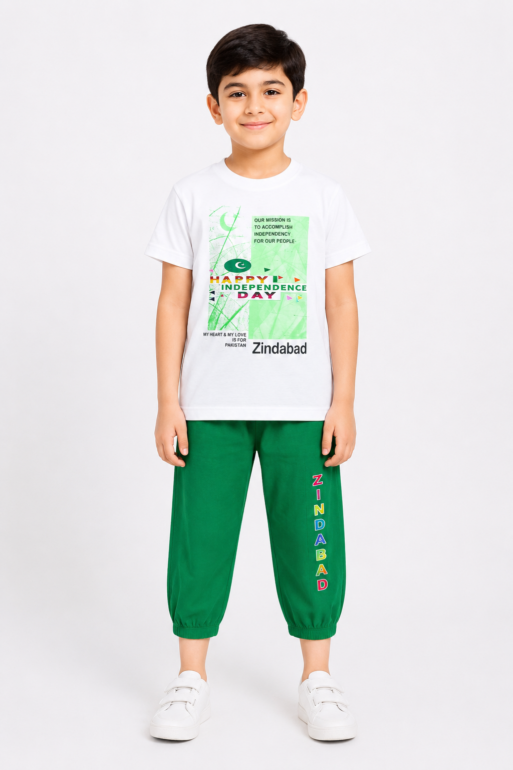 Boys Happy Independence Day 2 Piece Outfit – White & Green