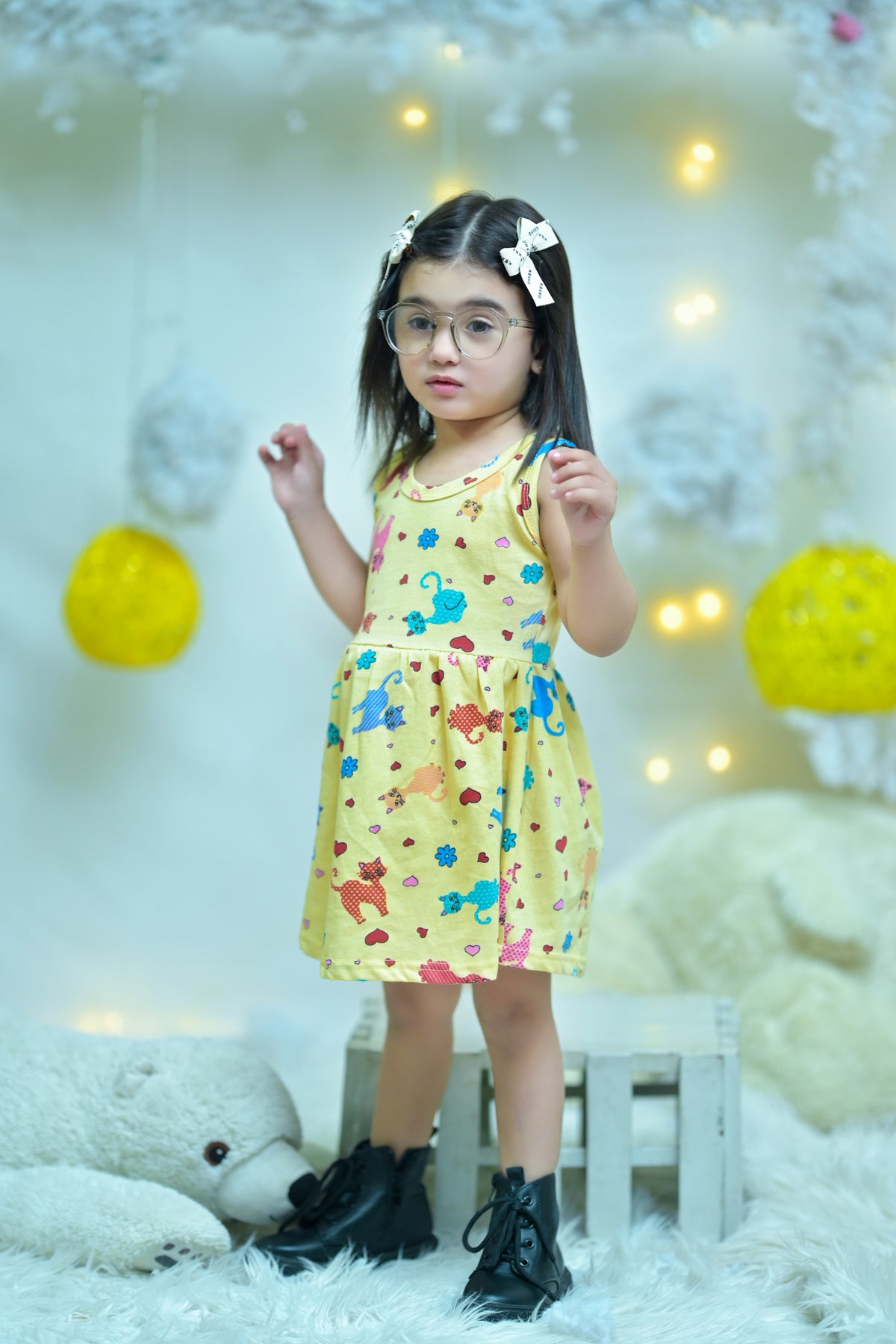 Girls Cat Printed Frock - Yellow