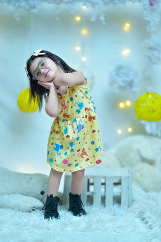 Girls Cat Printed Frock - Yellow