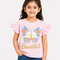 Girls Pink Butterfly Ruffle Sleeve T-Shirt