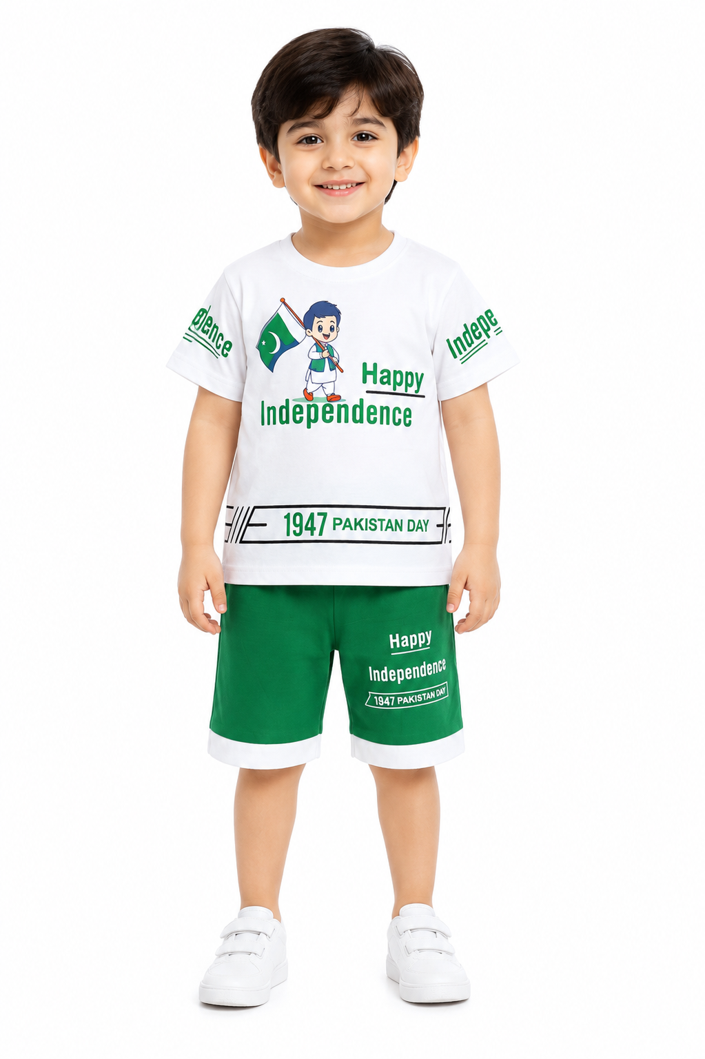 Kids 2 Piece Cotton Suit – Happy Independence Printed T-Shirt & Green Shorts