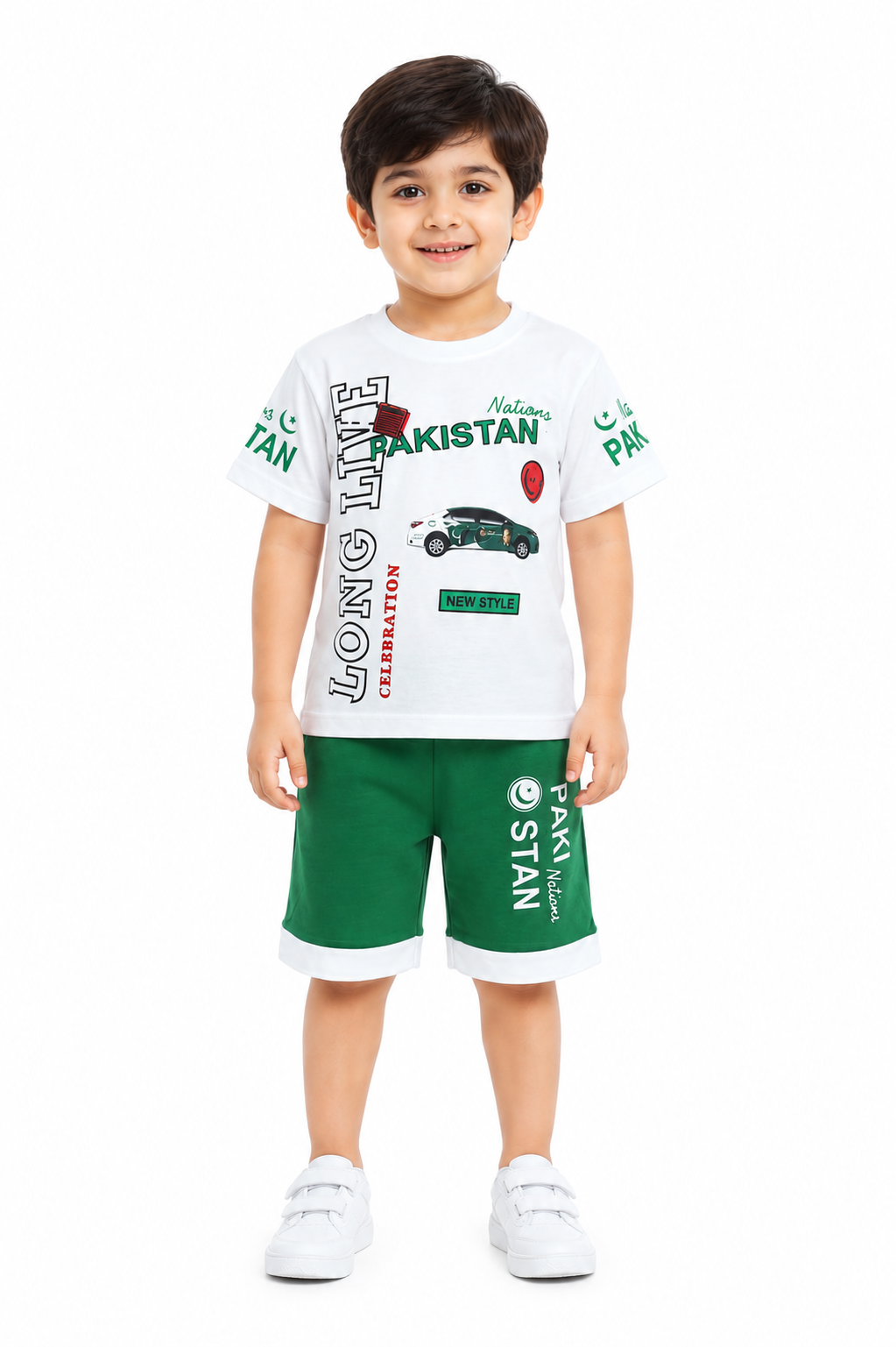 Kids 2 Piece Summer Outfit – White Graphic T-Shirt & Green Shorts