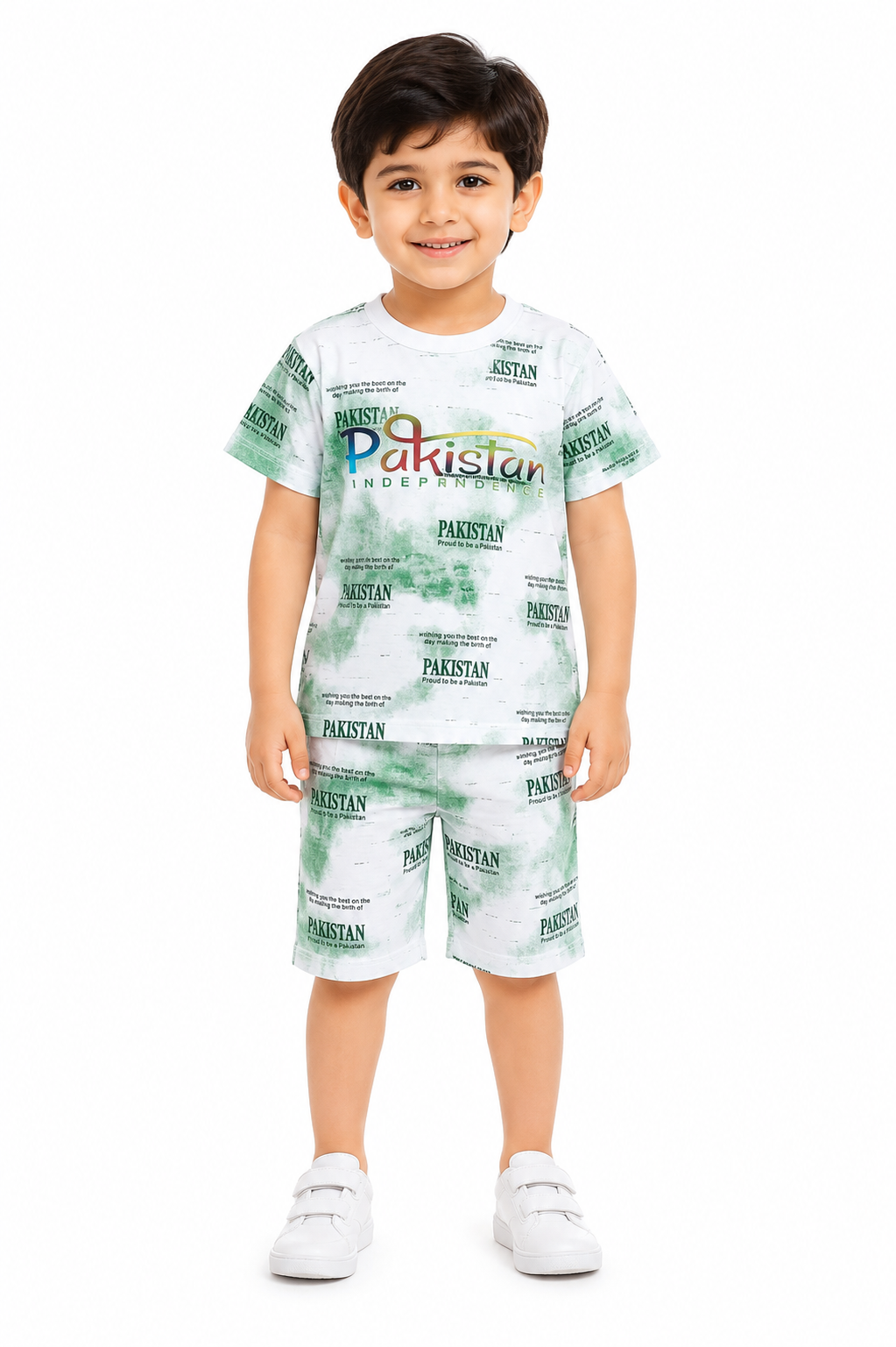 Kids 2 Piece Summer Suit – Pakistan Flag Printed T-Shirt & Green Shortsa