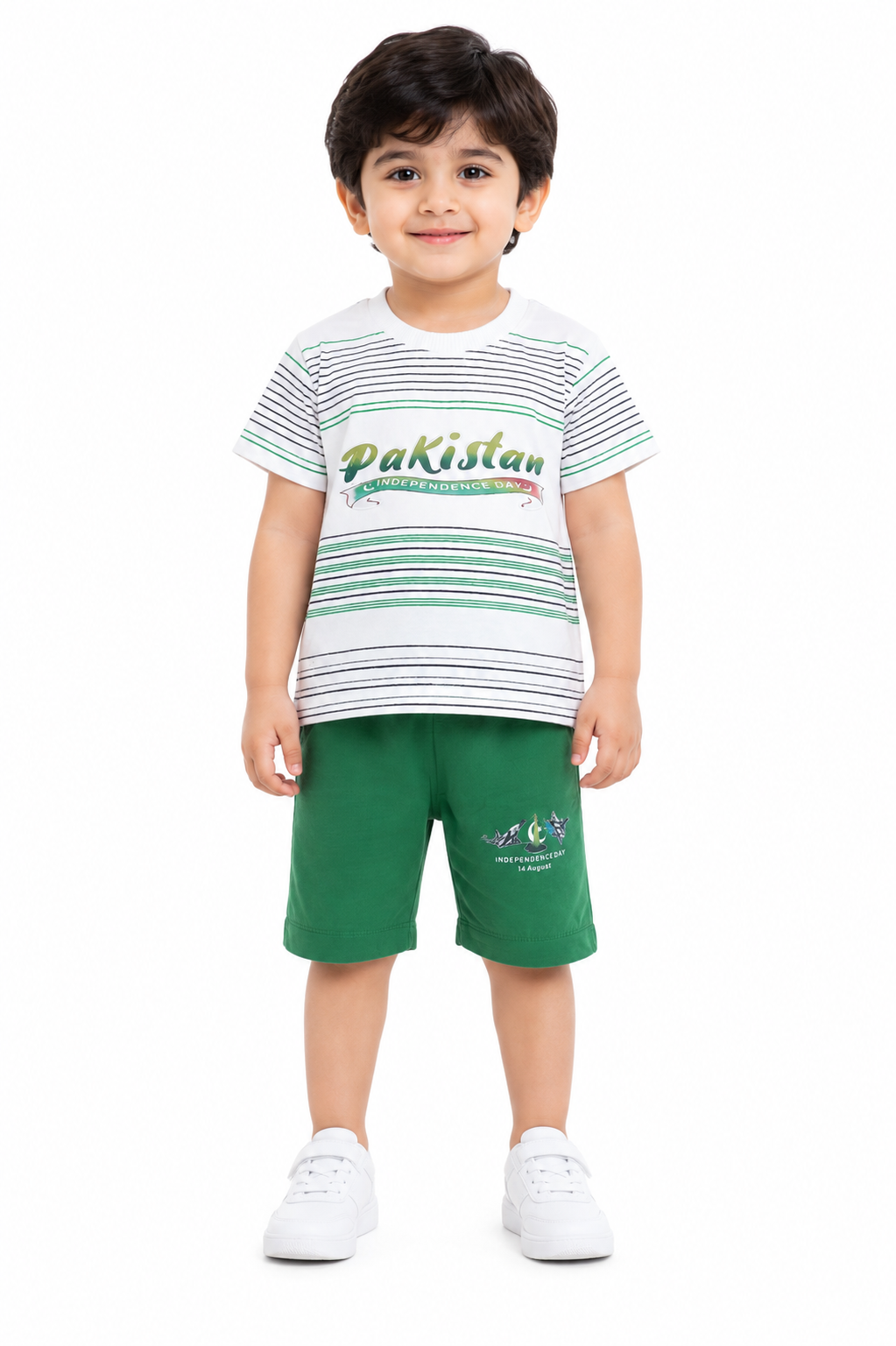 Boys 2 Piece Summer Suit – White Striped T-Shirt & Green Shorts