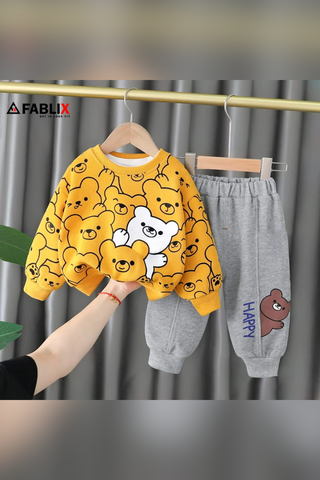 Kids Bears Print Track Suit Fleece - Yellow