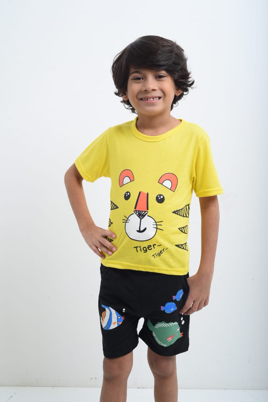 Kids Tiger Face Print 2 Pcs Suit - Yellow