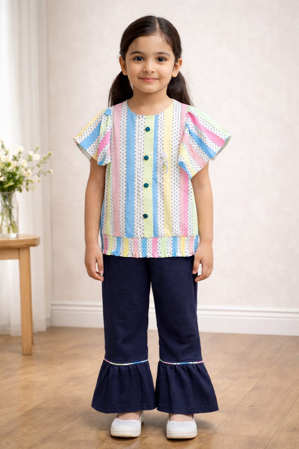 Girls Multi Lining & Doted Printed 2Pcs Suit