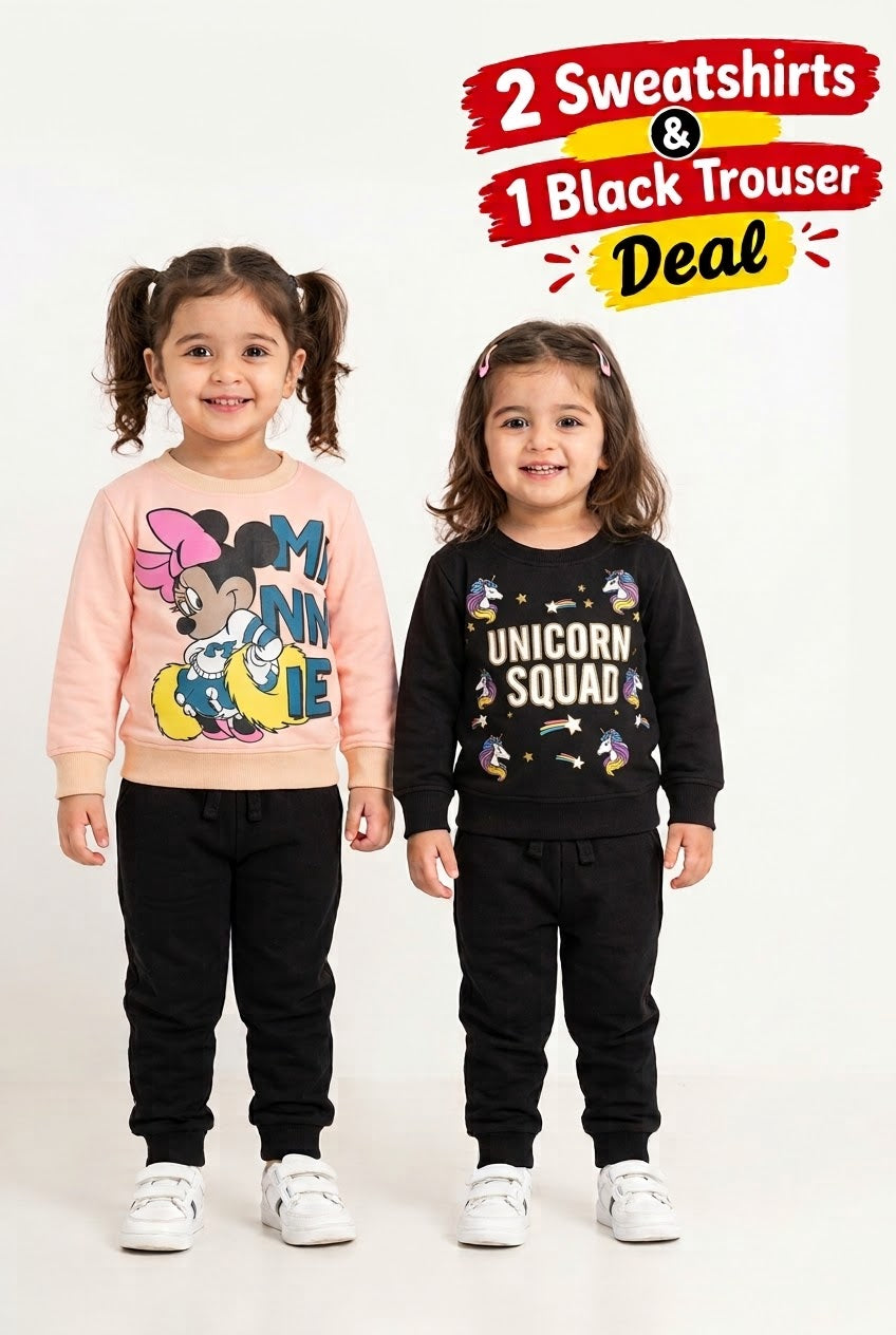 Girls 2 Sweatshirts & 1 Black Trouser Deal | Peach & Black