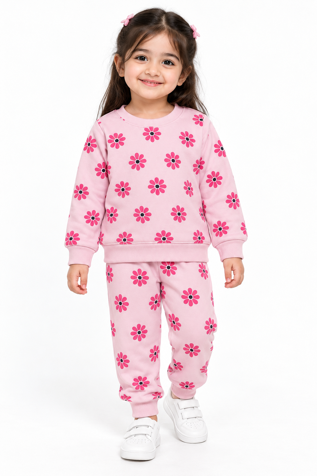 Girls Floral Print Fleece Tracksuit | Pink