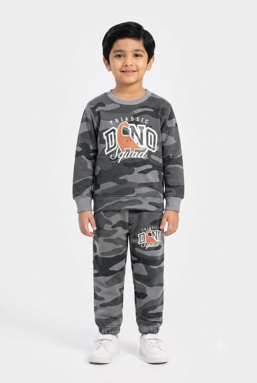 Kids Camouflage Dino Print - Fleece Tracksuit | Charcoal Grey