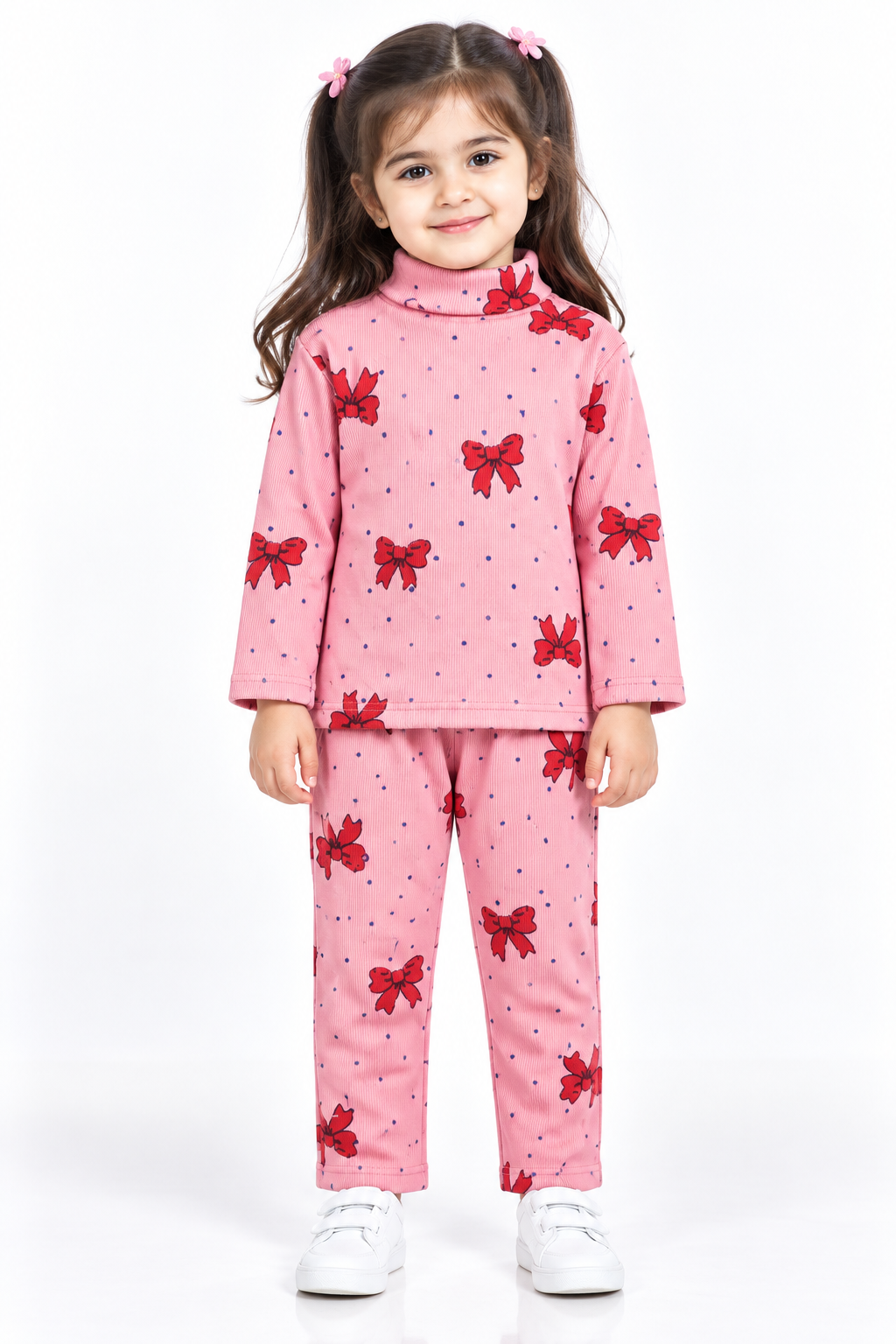 Girls Bow Print High Neck Rib Suit | Pink