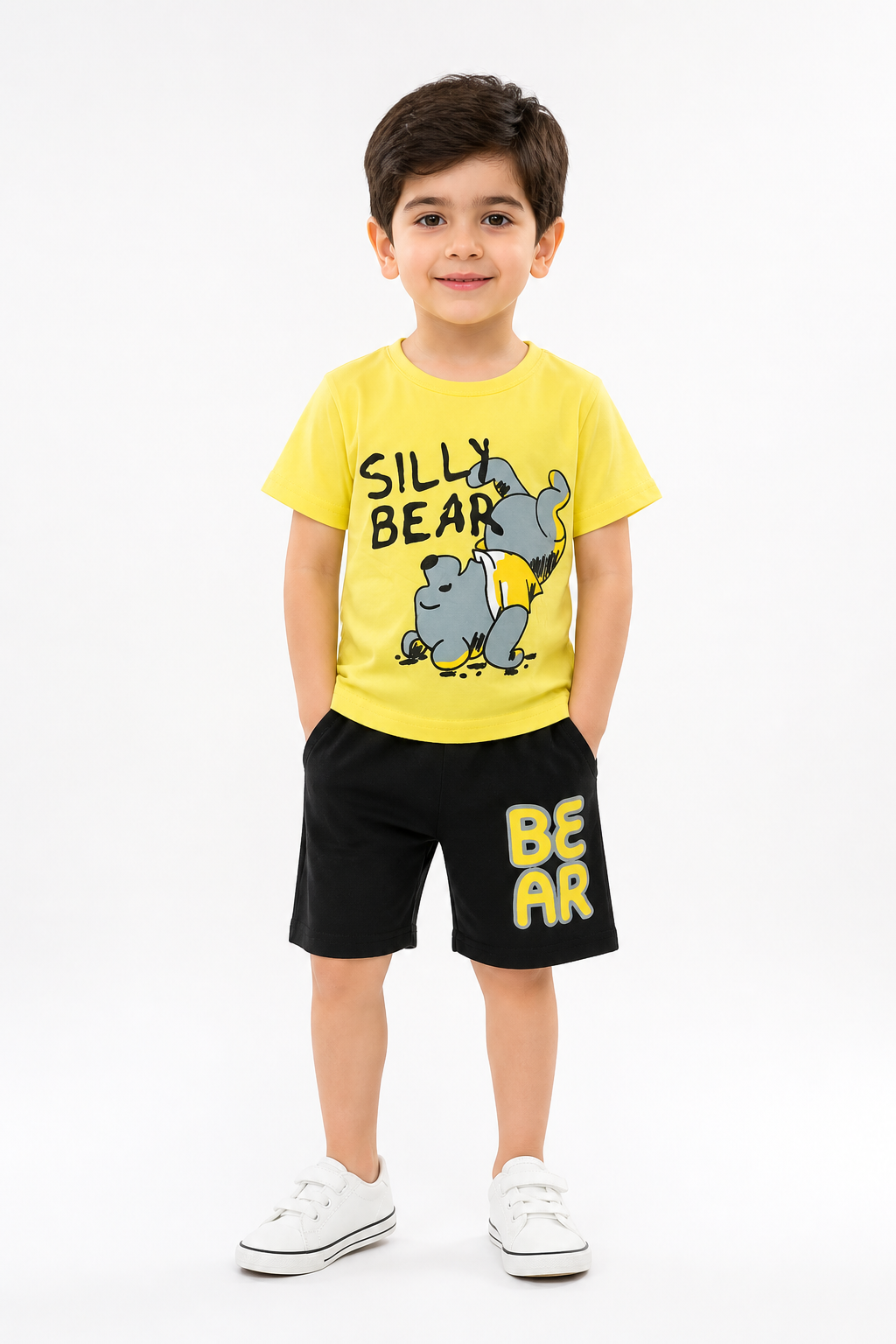 Kids Silly Bear Print 2 Pcs Suit - Yellow & Black
