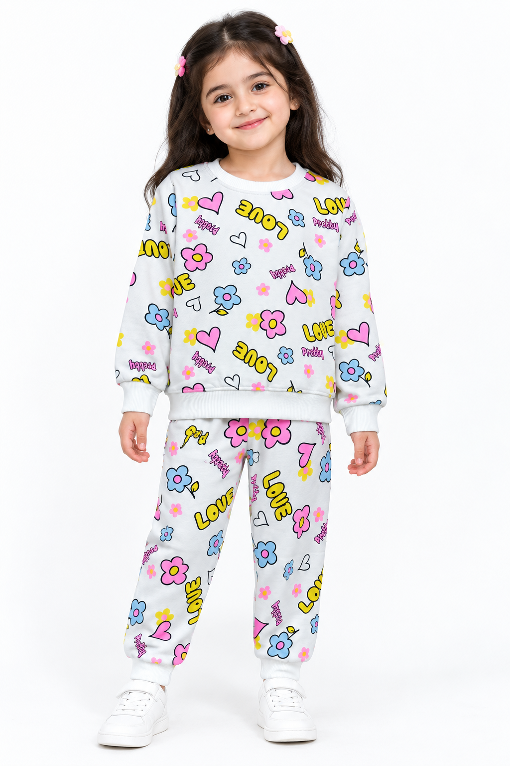 Girls Love & Flower Print Fleece Tracksuit | White