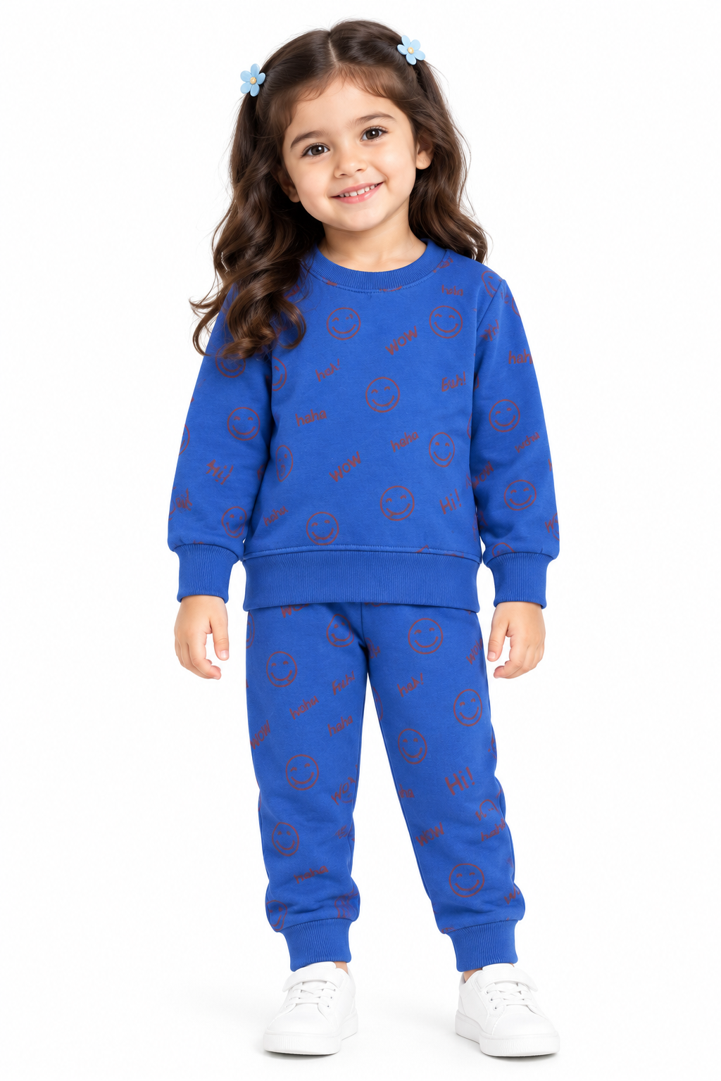 Kids Smiley Print Fleece Tracksuit | Royal Blue