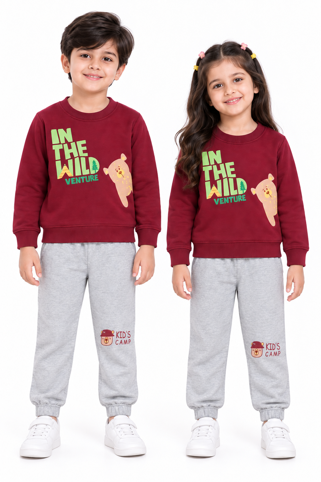 Kids Bear Adventure Print - Fleece Tracksuit | Maroon & Grey