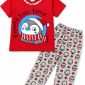 Kids Frosty Fun Time Night Suit - Red & Brown