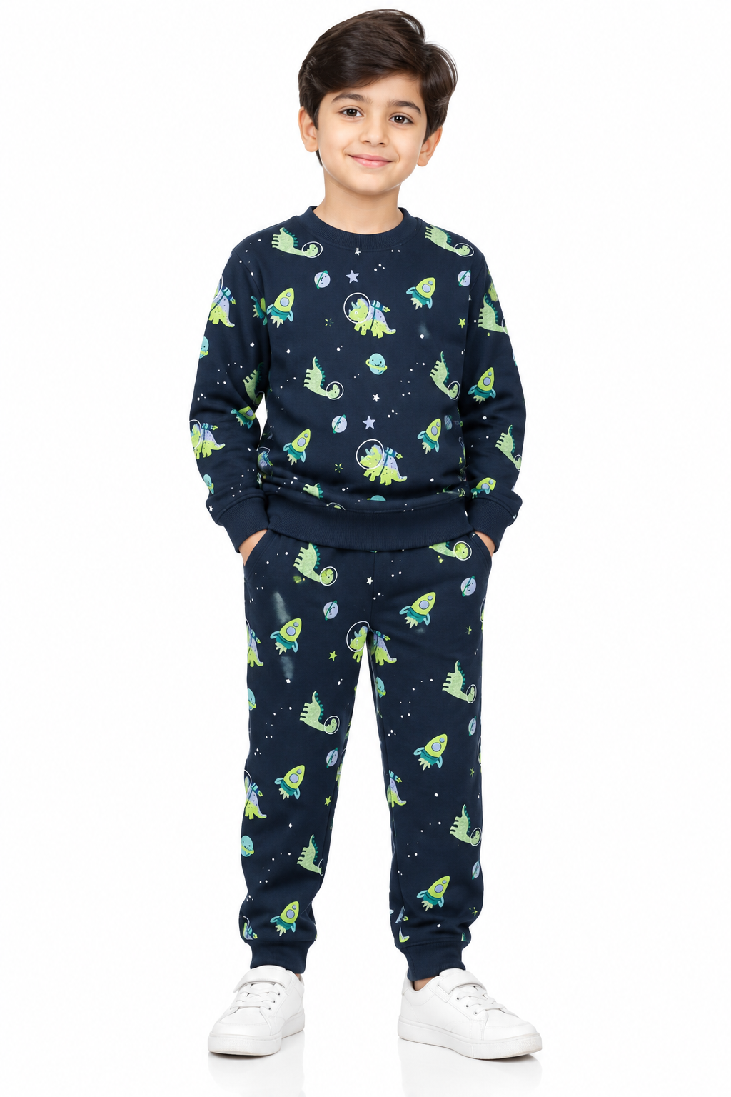 Boys Space & Dinosaur Print Fleece Tracksuit | Navy Blue