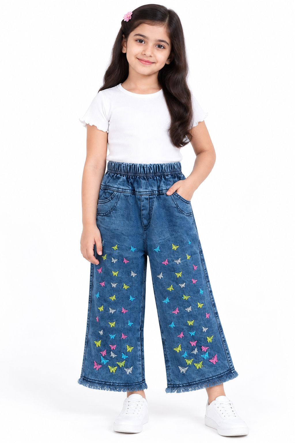 Girls Butterfly Print Wide Leg Denim Jeans | Zinc Blue