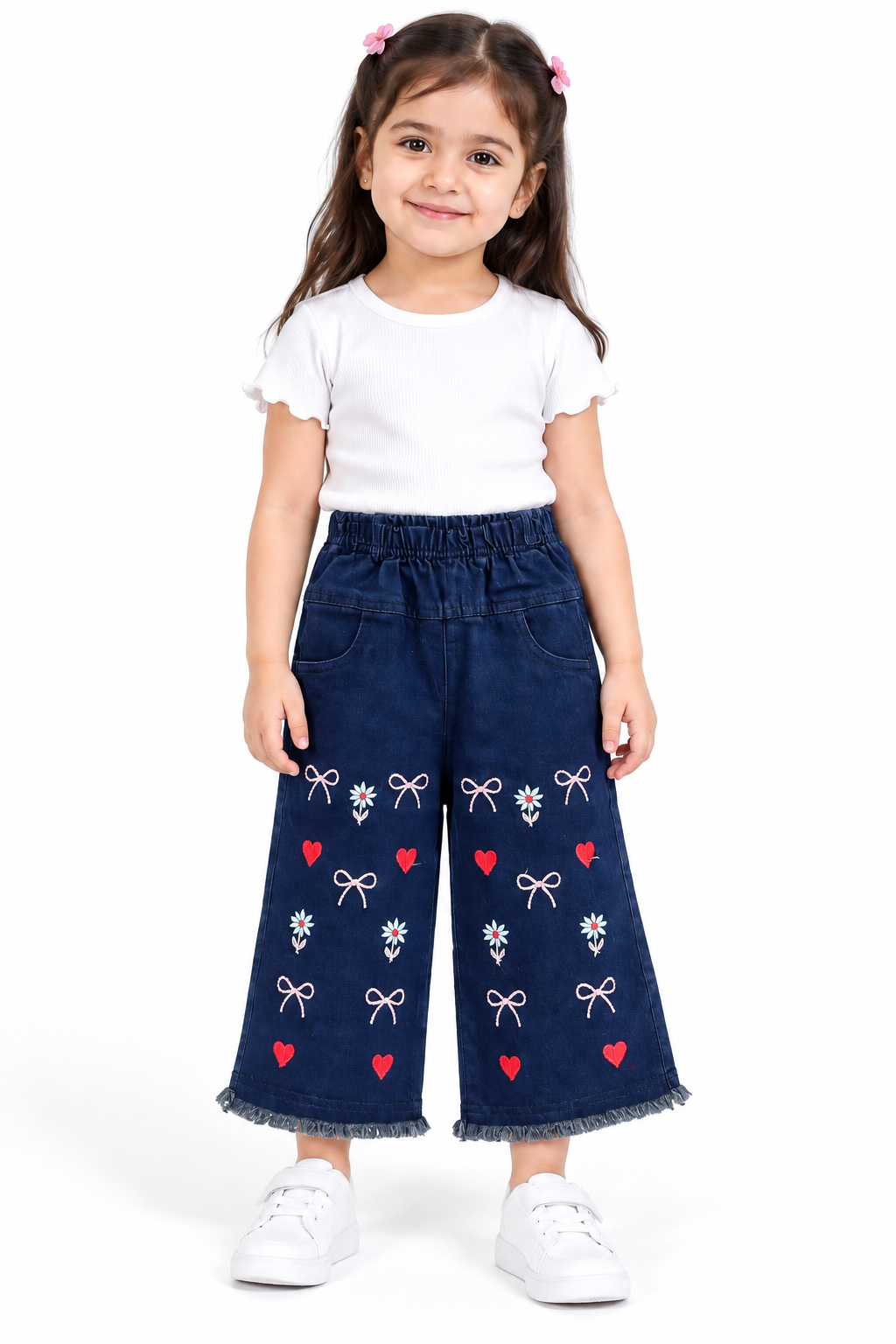 Girls Embroidered Heart & Bow Wide Leg Denim Jeans | Dark Blue