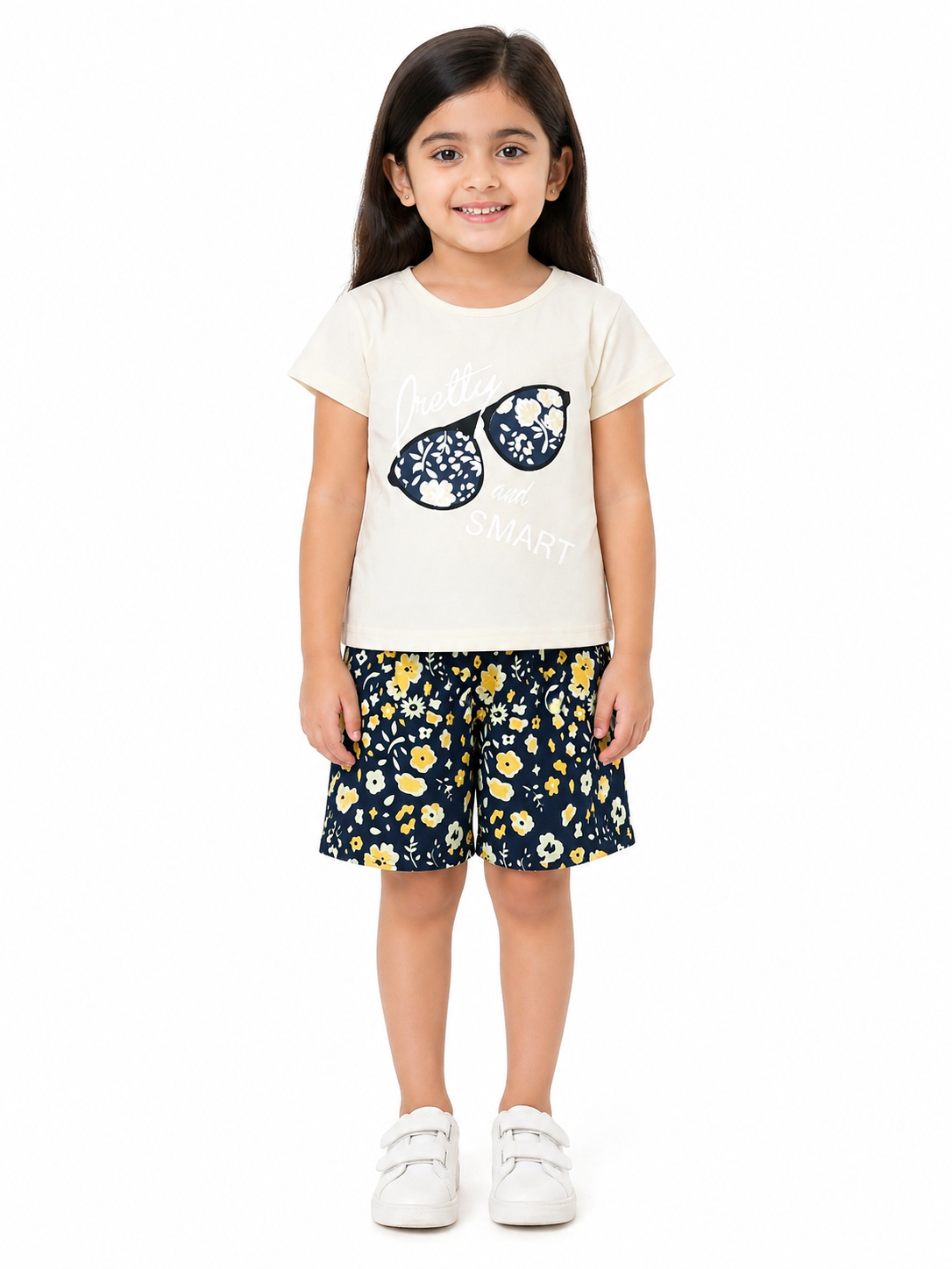 Girls Cute Floral Shorts Set with Graphic - Yellow