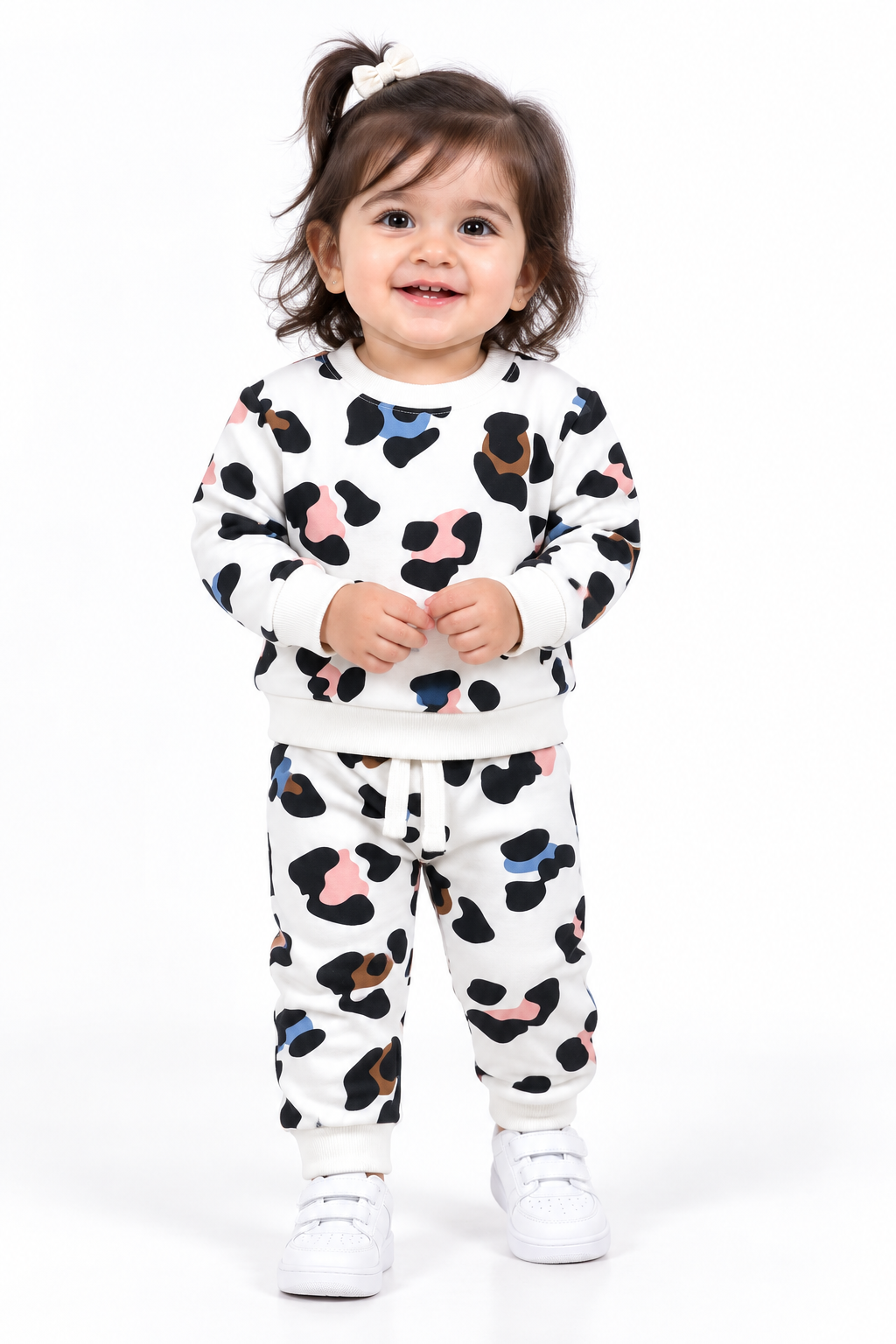Girls Cow Print Fleece Tracksuit | White & Black