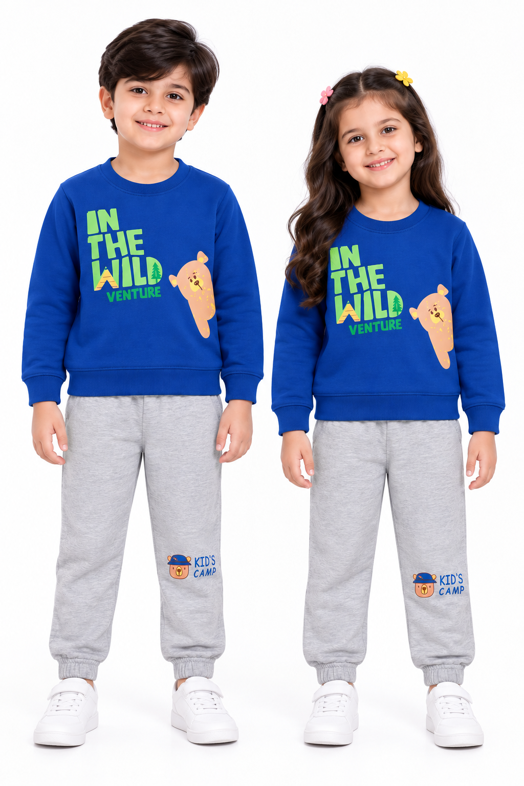 Kids Bear Adventure Print - Fleece Tracksuit | Royal Blue & Grey