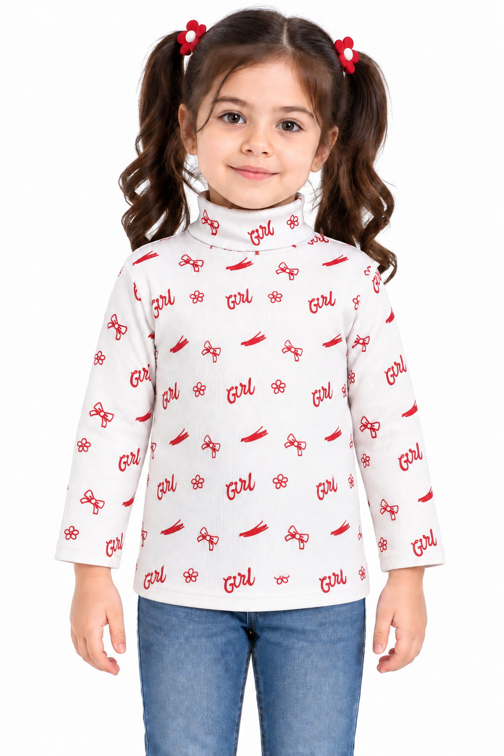 Girls Girl Bow & Flower Print Highneck | White & Red