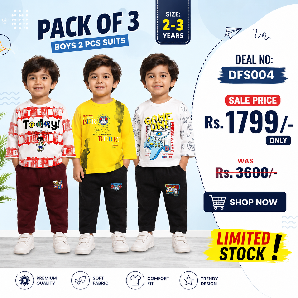 Kids Active Combo Pack of 3 – Mid Season Suits (2–3 Years)