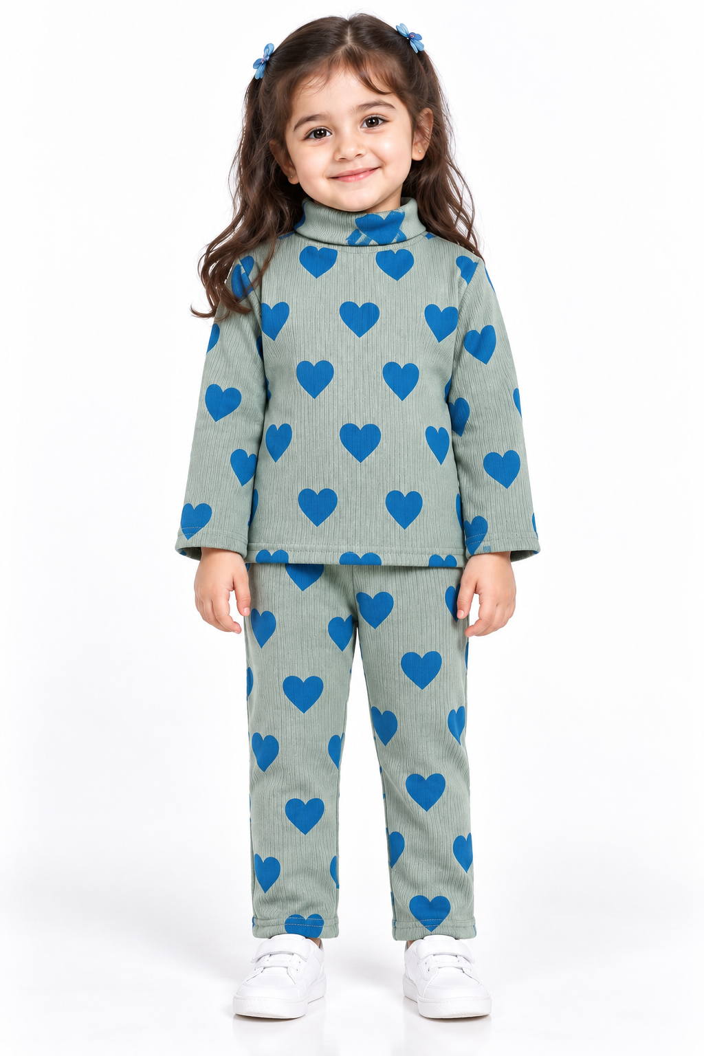 Girls Heart Print High Neck Rib Suit | Sage Green